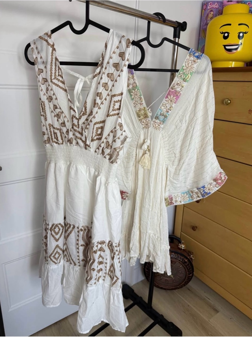Set of 2 Dress - White Embroidered Boho Dress with Tassel Trim - New